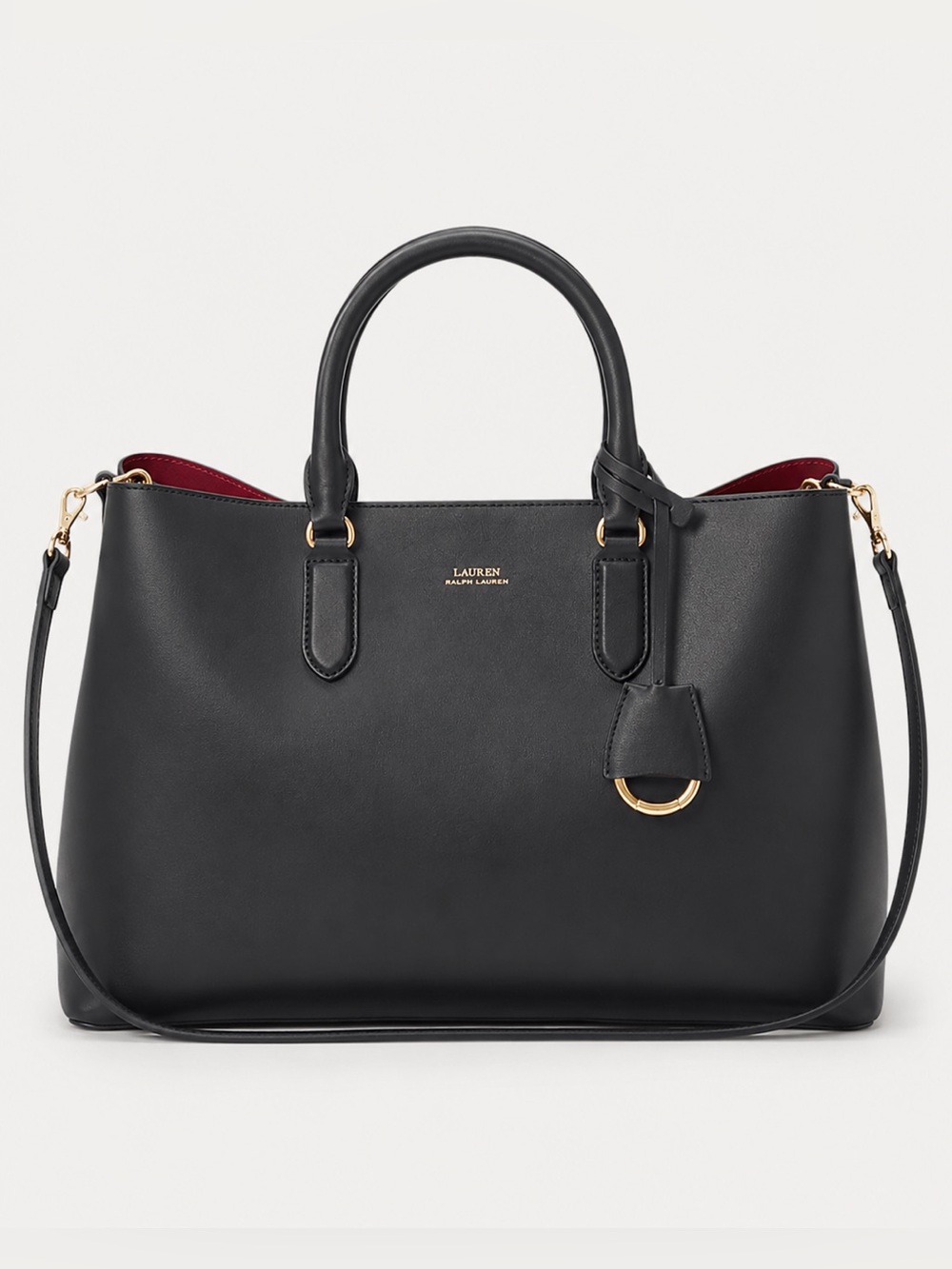Lauren Ralph Lauren Mercy Leather Tote Shoulder Bag Black Red Gold Hardware